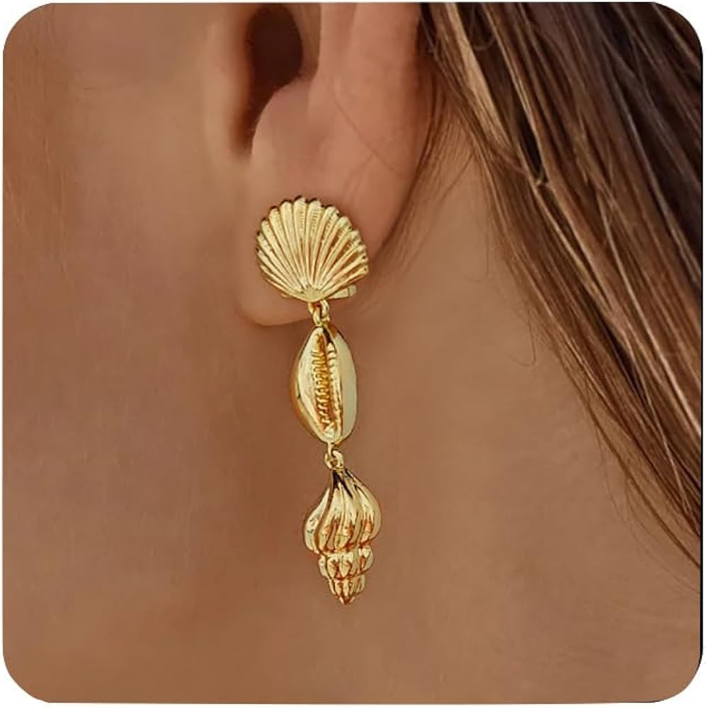 Long Shell Earrings For Women 3pcs Gold Plated Seahell Drop Dangle Earrings Summer Beach Earrings... | Amazon (US)