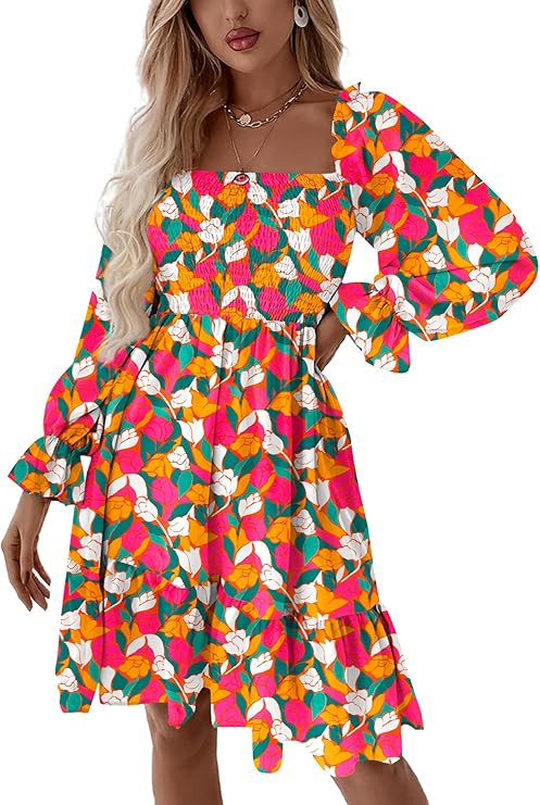 LYANER Women's Square Neck Lantern Long Sleeve Ruffle Shirred Flowy Party Mini Dress | Amazon (US)