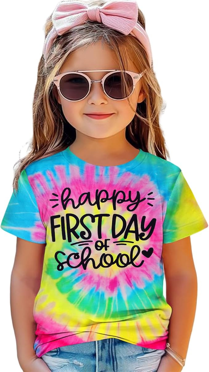 Happy First Day of School Shirt Kids Toddler Girls Back to School Outfit T-Shirt Tie Dye Short Sl... | Amazon (US)
