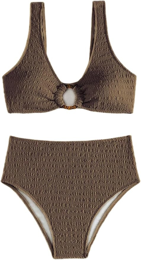 SOLY HUX Women's 2 Piece Bikini Set Ring Linked High Waisted Textured Bathing Suit Swimwear | Amazon (US)