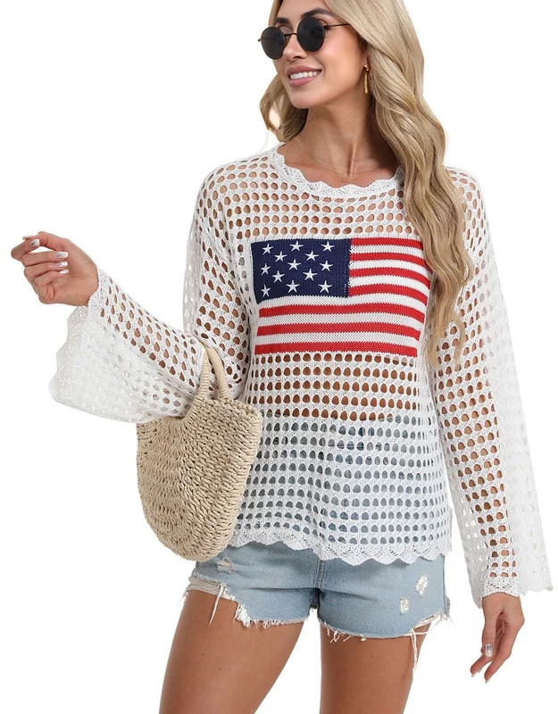 Beach Cover Up for Women 4Th of July American Flag Mesh Crochet Swimsuit Cover Up Long Sleeve Blo... | Walmart (US)