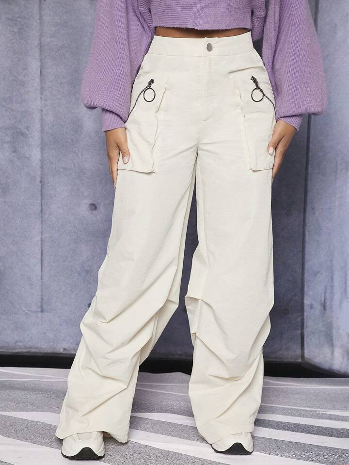 SHEIN PETITE High Waist Flap Pocket Side Cargo Pants | SHEIN