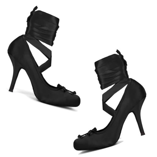 Dystralix Women's Black Ballet High Heels Bow Round Toe Stiletto Heel Pumps Strappy 4 Inch Stiletto High Heel Ballet Shoes Bow Slip On Dress Shoes Cross Strap Satin Black 8 M US | Amazon (US)