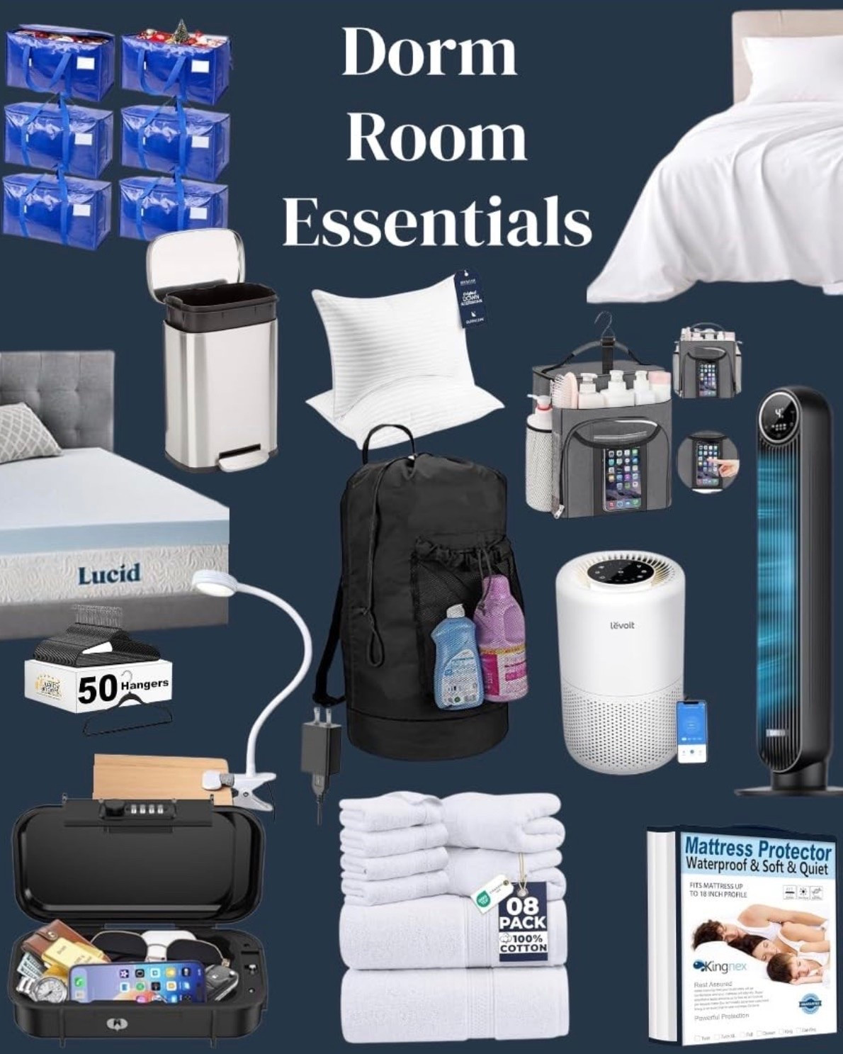 Dorm room essentials we’d absolutely buy again, blue moving bags for move-in and storage, waterproof mattress protectors, mattress toppers, towel sets, backpack laundry bags, slim velvet hangers, locking safes, bedside caddies, air purifiers, tower fans, and small trash cans with lids. Practical dorm finds that make small spaces more comfortable, organized, and easier to live in.

#LTKU #LTKHome