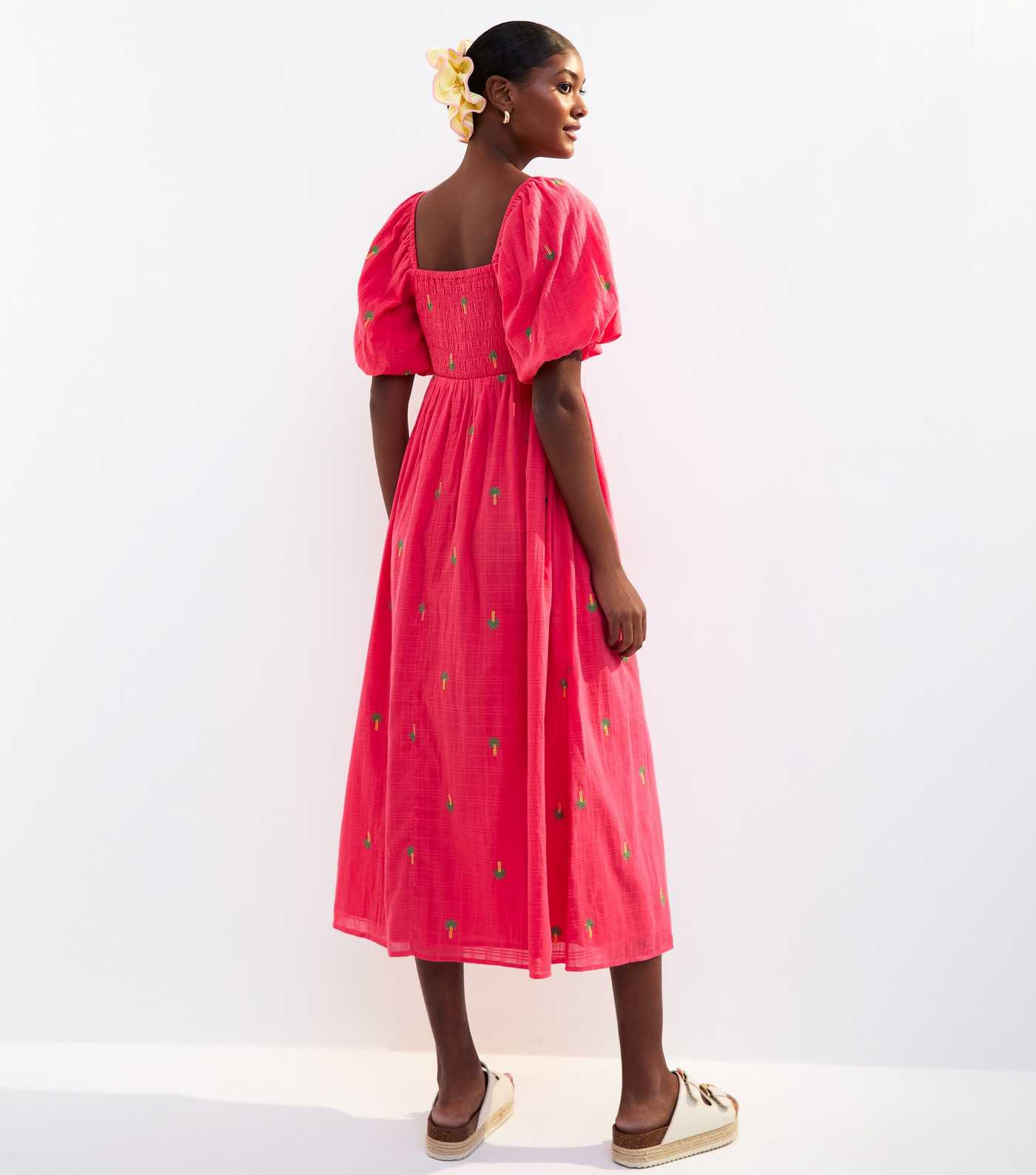 Pink Palm Embroidered Shirred Midi Dress | New Look | New Look (UK)