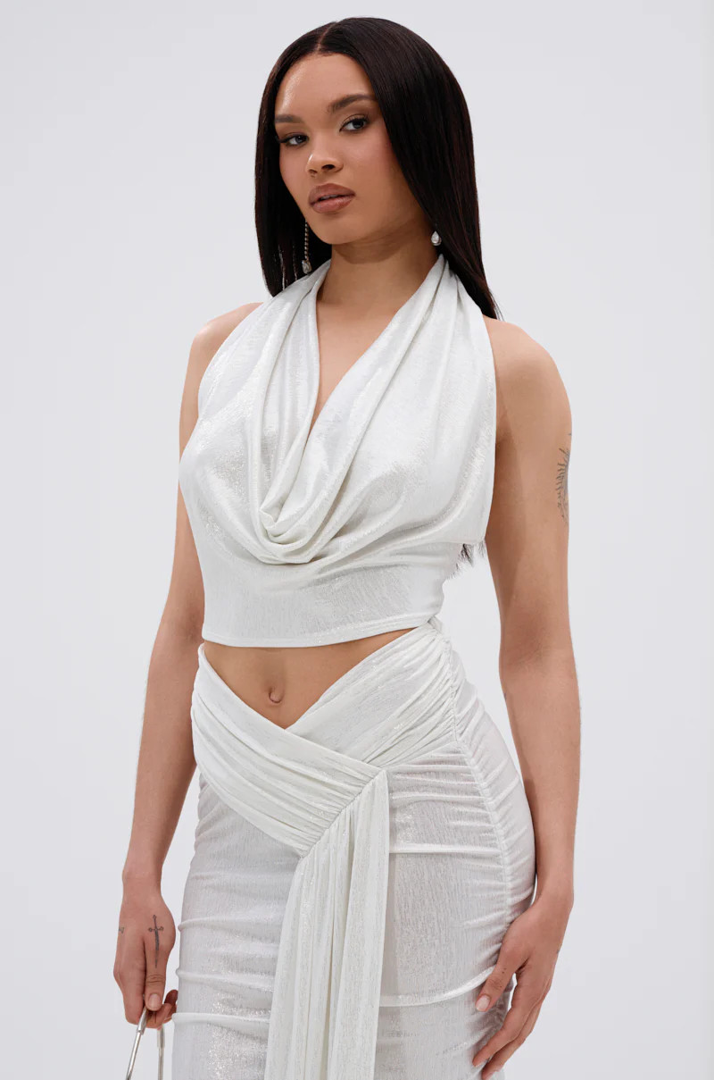 ALL OF THE GLAMOUR SLINKY HALTER NECK TOP IN WHITE | AKIRA