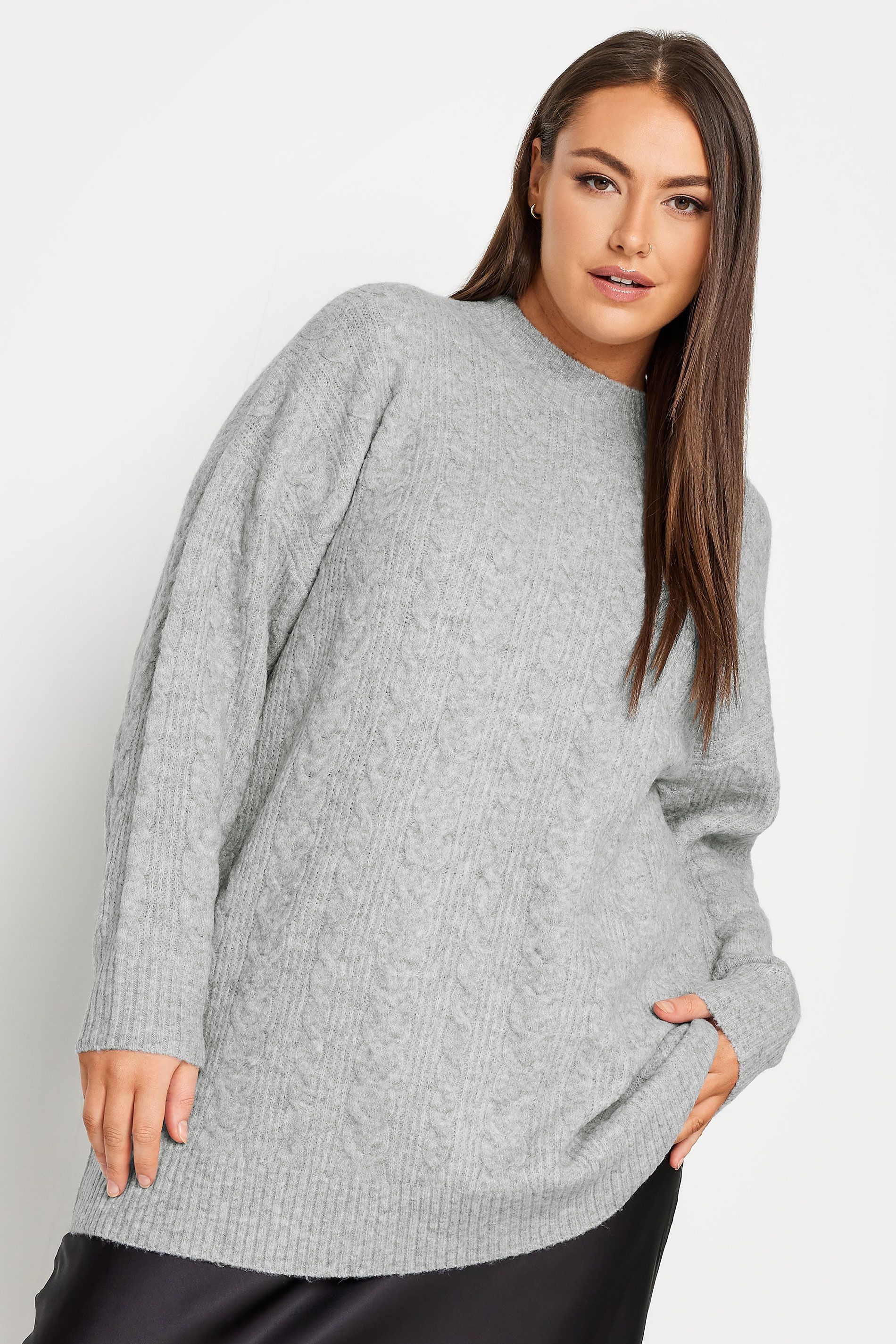YOURS Plus Size Grey Cable Knit Turtle Neck Jumper | Yours Clothing UK