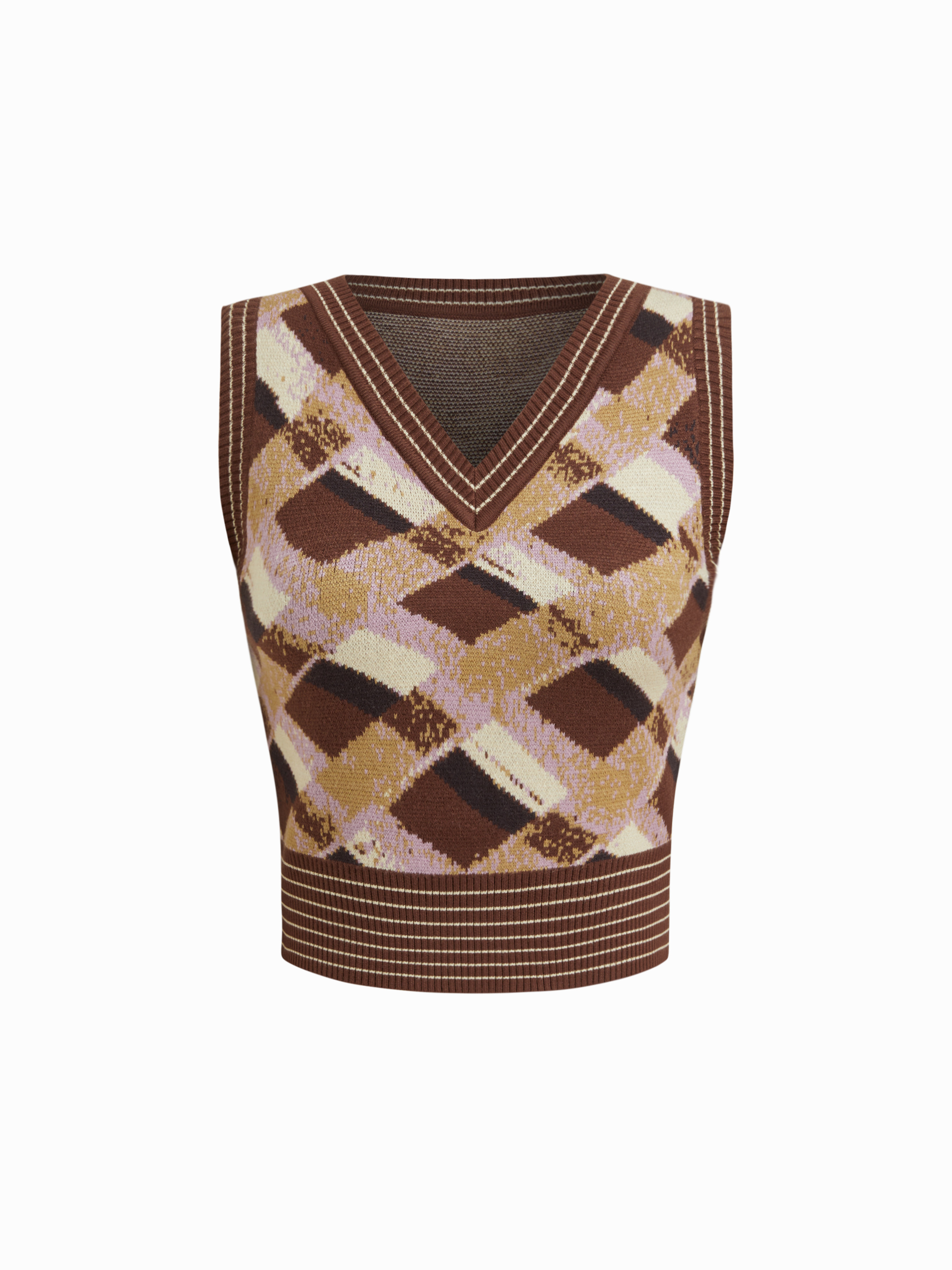 Knit Fabric Knit Tartan V-neck Contrasting Binding Stripe Vest For Daily Casual | Cider