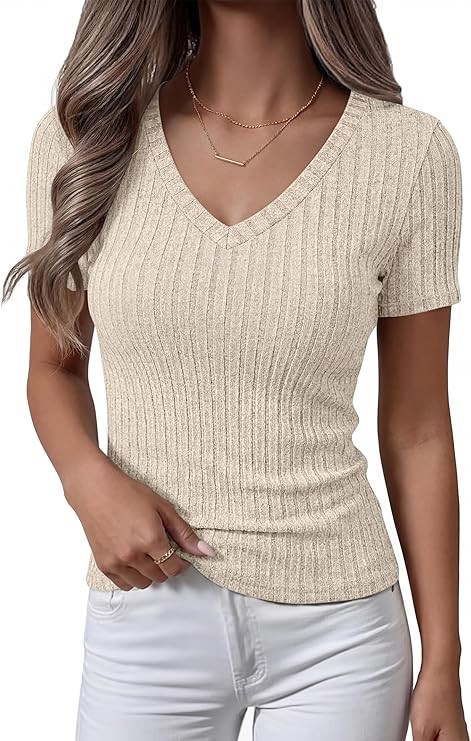 ANRABESS Womens Tops Summer Short Sleeve V Neck Sweater | Slim Fit Shirts,Soft Lightweight Ribbed... | Amazon (US)