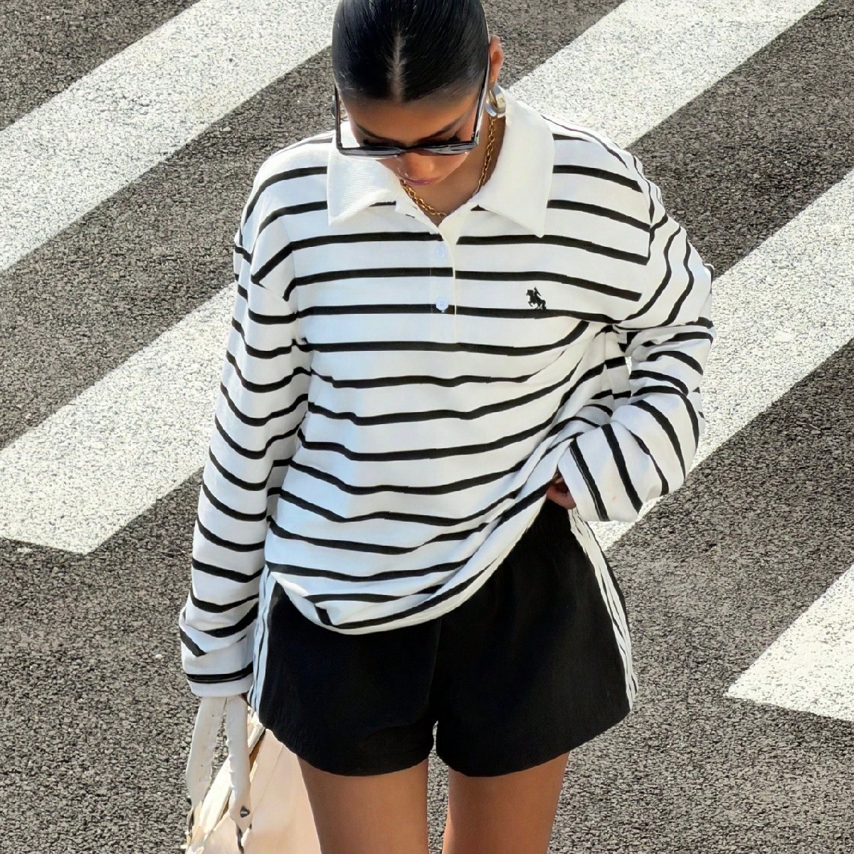 Muchica Damen Gestreifter Polokragen Langarm T-Shirt Und Shorts Lässig Sportanzug | SHEIN