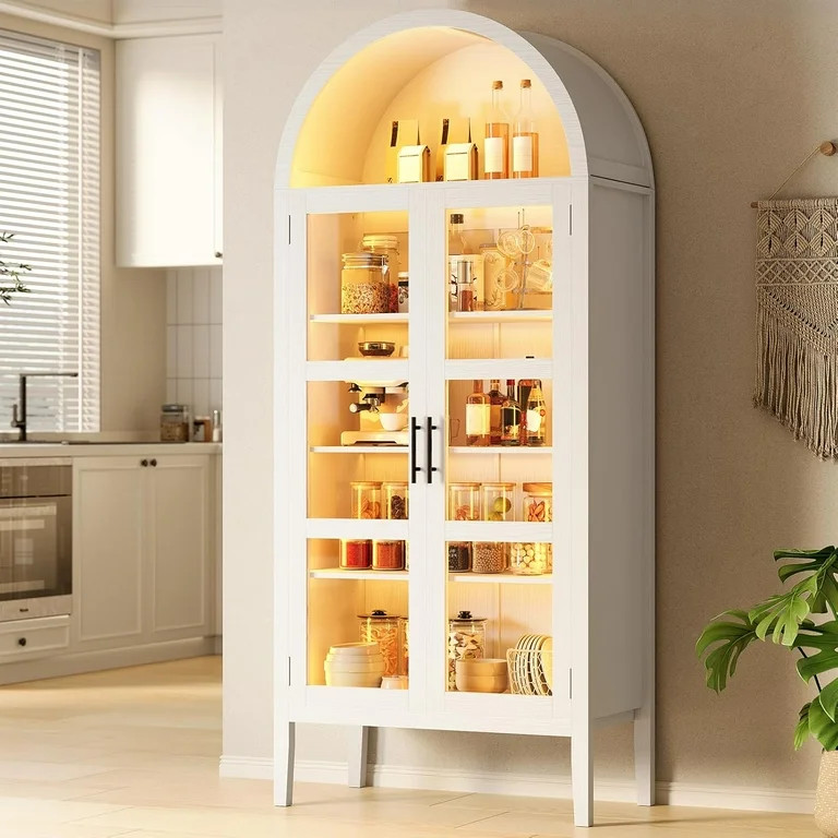 70" Tall Arched Bookcase with LED Lights,Modern Curved Cabinet with Glass Door& Adjustable Shelve... | Walmart (US)