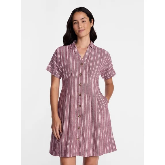 Time and Tru Women's Linen Blend Pleated Mini Shirtdress with Short Sleeves, Sizes XS-XXXL | Walmart (US)