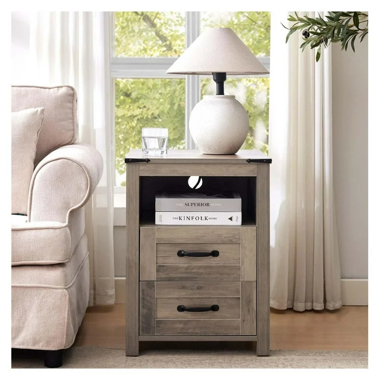 Grey Rustic Night Stand, Farmhouse End Table, Modern Bedside Table with 2 Storage Drawers and Ope... | Walmart (US)