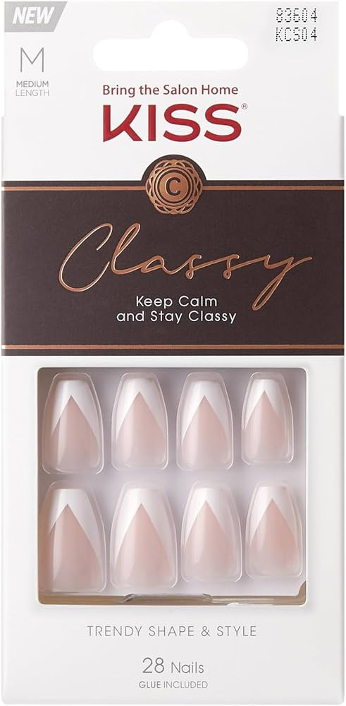 KISS Classy Press On Nails, Nail glue included, Silk Dress', Nude/White, Medium Size, Coffin Shape, Includes 28 Nails, 2g Glue, 1 Manicure Stick, 1 Mini File | Amazon (US)