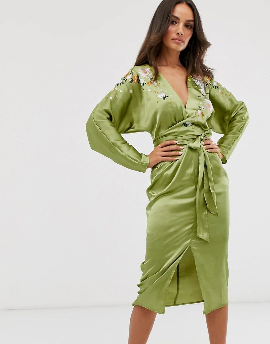 ASOS DESIGN batwing midi dress in satin with embroidery-Green | ASOS (Global)