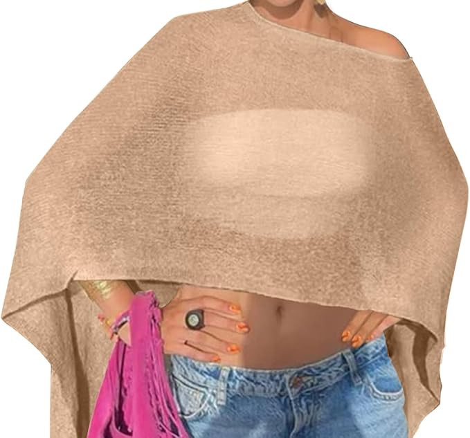 Drop Shoulder Sheer Crochet Vacation Outfits Poncho Sweater Top Summer Beach Cover Up | Amazon (US)