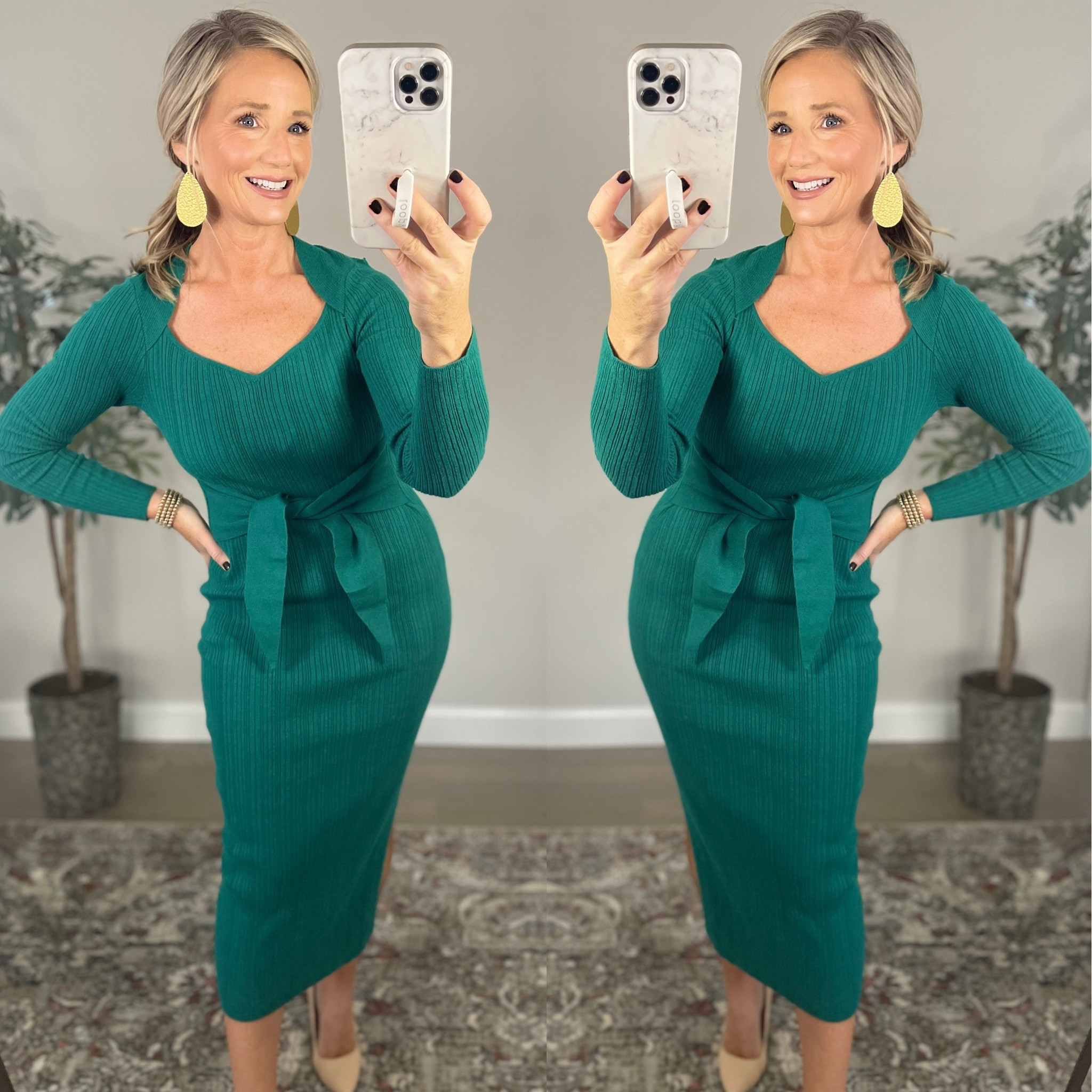 This sweater dress is so beautiful! Love the comfy stretch it has, and the belt adds a nice shape! On sale under $30 👏🏻 Fits true. 

Christmas Dress | Christmas Outfit 

#LTKsalealert #LTKstyletip #LTKHoliday