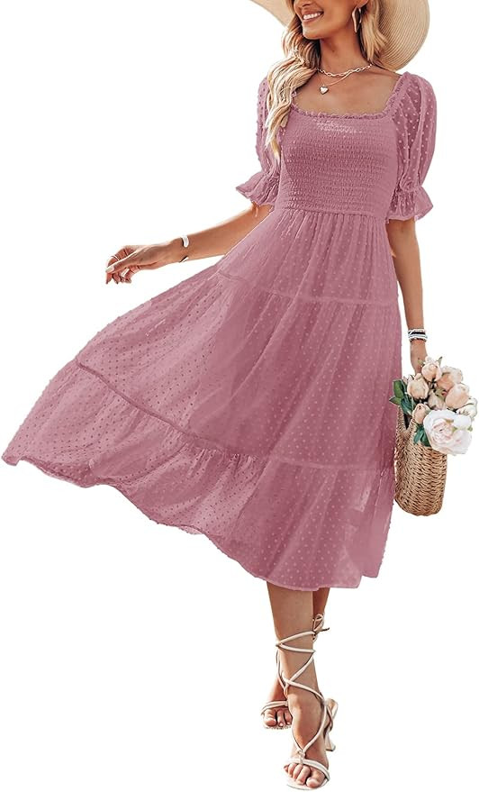 MEROKEETY Women's Summer Square Neck Puff Sleeve Boho Midi Dress Swiss Dot Ruffle Flowy Tie Back ... | Amazon (US)