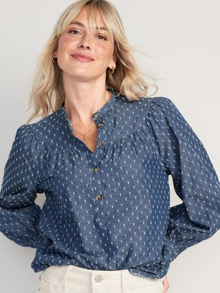Puff-Sleeve Clip-Dot Henley Swing Blouse for Women | Old Navy (US)