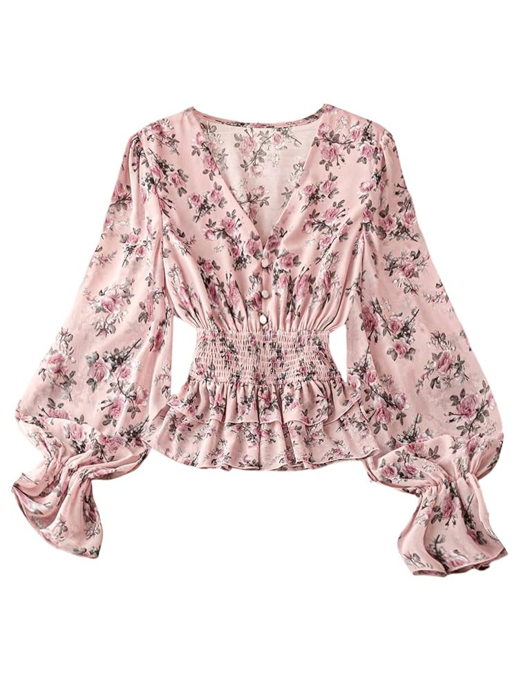 WDIRARA Women's Floral V Neck Layered Ruffle Blouse Boho Flounce Long Sleeve Smocked Peplum Top | Amazon (US)