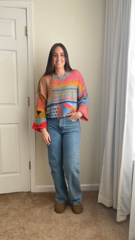 Beckoning spring wearing all the color 
Crop sweater from Marshall’s 
Relaxed jeans from Abercrombie 
Ultra mini Ugg boots 
Casual outfit 

#LTKshoecrush #LTKSeasonal