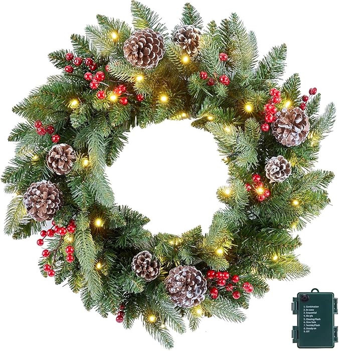 24 Inch Prelit Christmas Wreath, Artificial Christmas Wreath for Front Door with LED Lights, Pine... | Amazon (US)