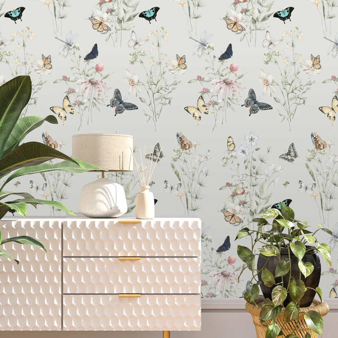Pastel Watercolor Butterfly Wallpaper, Delicate Colors Butterflies Floral Print Nursery Decor Spr... | Etsy (US)