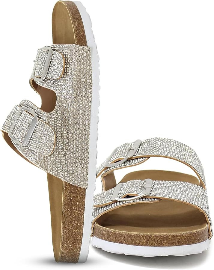 YOKI GIAN-107 Cork Sandals For Women With Rhinestone Double Buckle - Lightweight Slip On Slides, ... | Amazon (US)