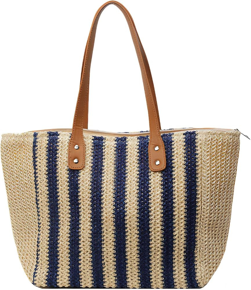 Handmade Woven Striped Tote Bag,Vintage Shoulder Bag,Summer Straw Beach Bag for Women,Blue,1 Piec... | Amazon (US)