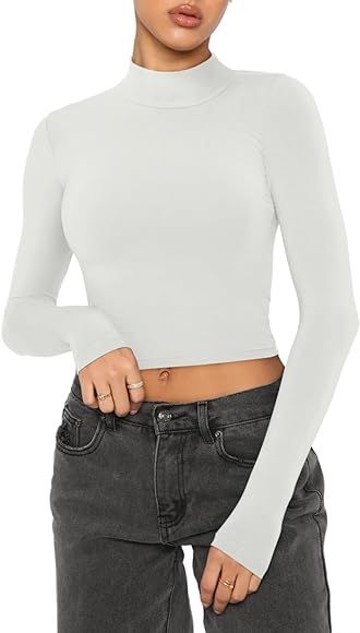 REORIA Women's Cute Mock Turtleneck Long Sleeve Ribbed Tight Tshirts Crop Tops | Amazon (US)