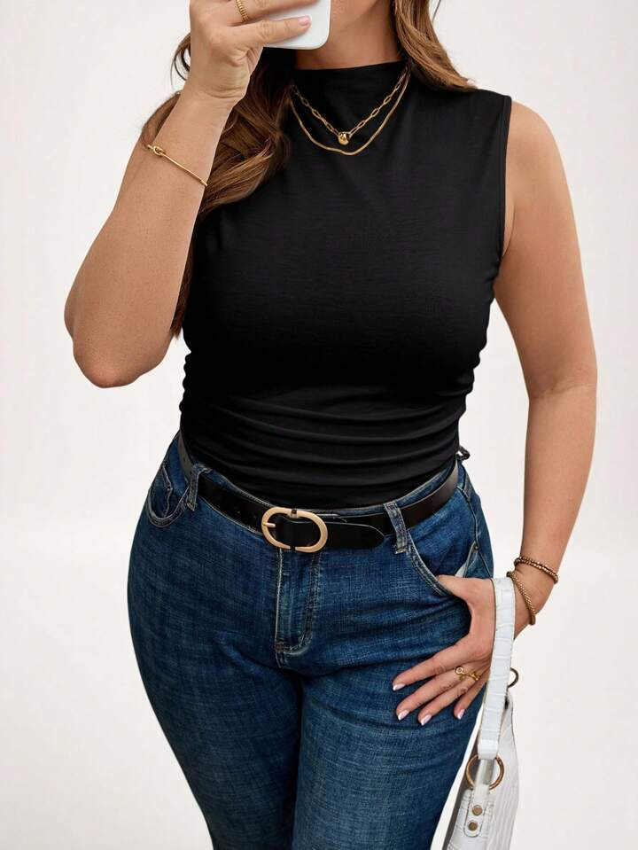 SHEIN LUNE Plus Size Women Solid Collar Ruched Slim Casual White Tank Top Holiday Outfit Summer Outfits For Women Vacation Outfits Woman Valentine's Day Going Out Tops Women,Business Casual Woman,Summer,Cute Shirts,Office | SHEIN