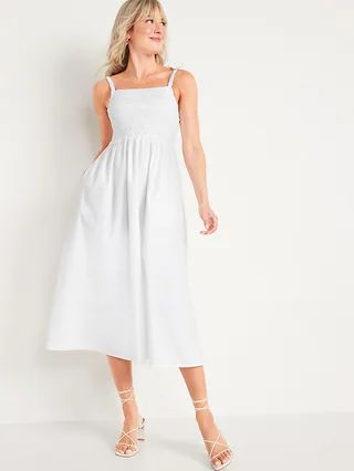 Fit &#x26; Flare Sleeveless Cotton-Poplin Smocked-Bodice Midi Dress for Women | Old Navy (US)