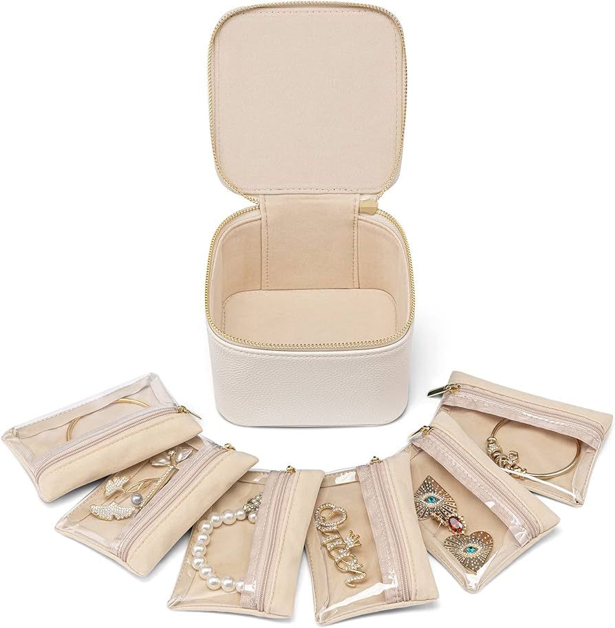 Vlando Small Jewelry Box Organizer,Travel Jewelry Storage with 6 Velvet Jewelry Zipper Pockets,Premium Petal Hardware Jewelry Case for Women Girls Mothers Day Gifts for Self (White) | Amazon (US)