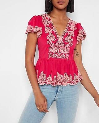Embroidered V-Neck Peplum Top | Express