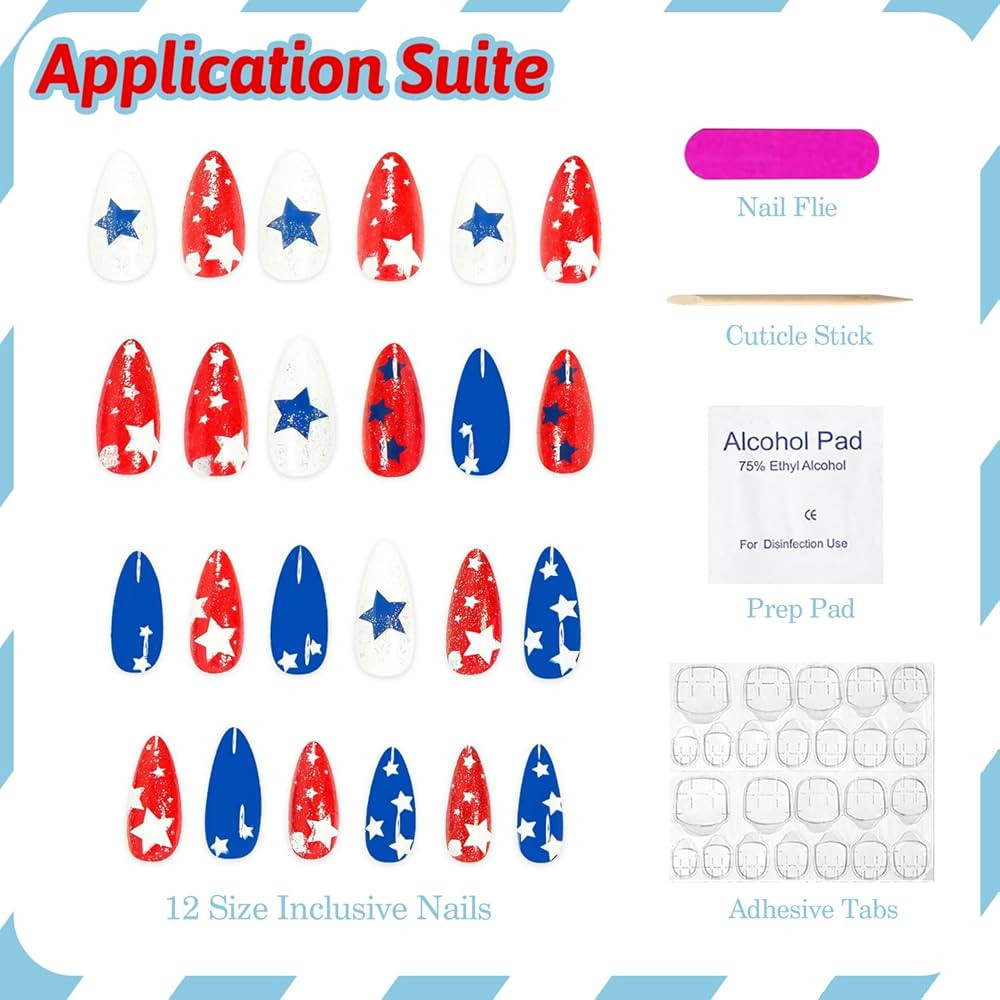 4th of July Press on Nails Medium Almond Patriotic Fake Nails False Nails with Designs Stars Glit... | Amazon (US)