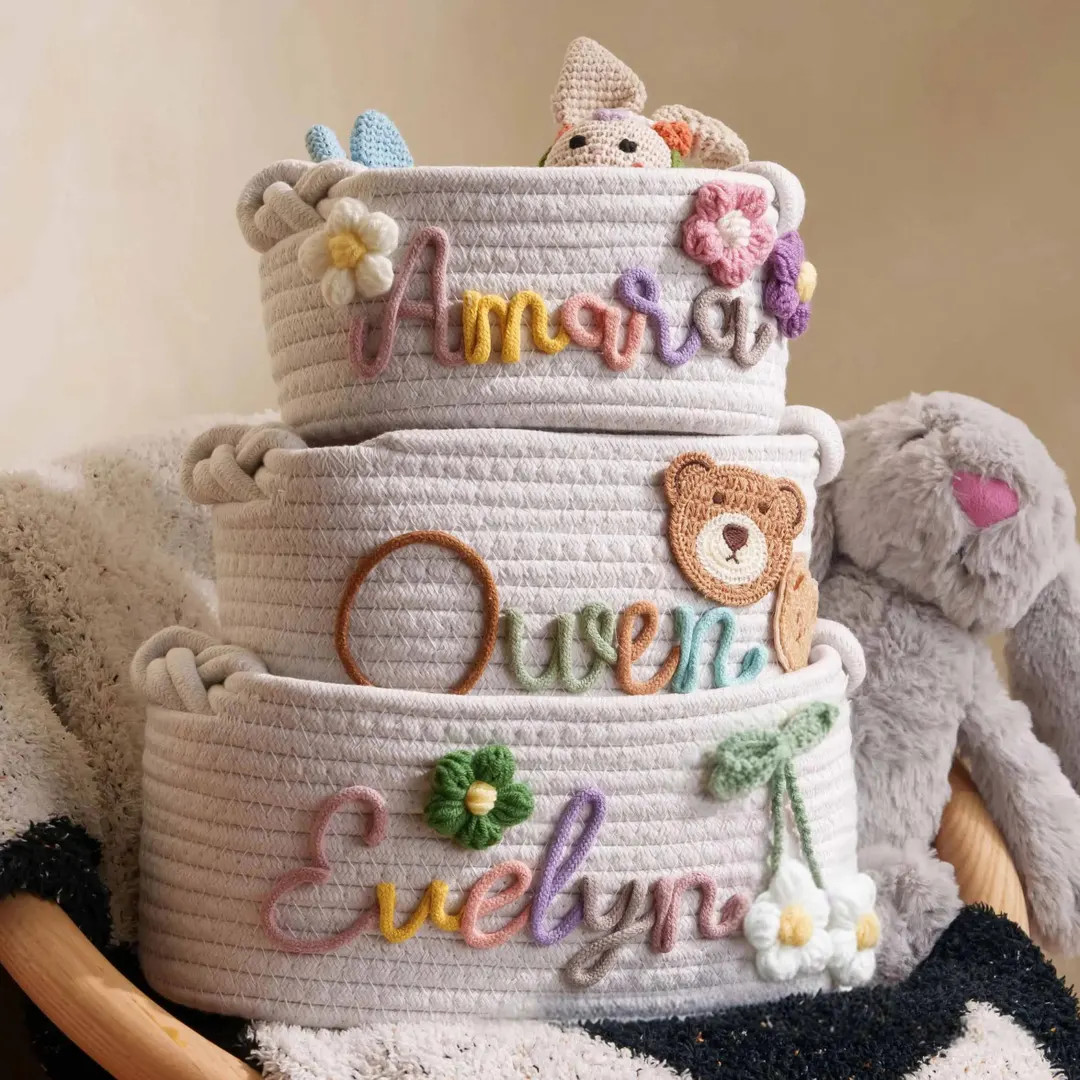 Hand Embroidered Baby Name Basket, Mothers Day Gift, Personalized Newborn Gift, Handmade Cotton R... | Etsy (US)
