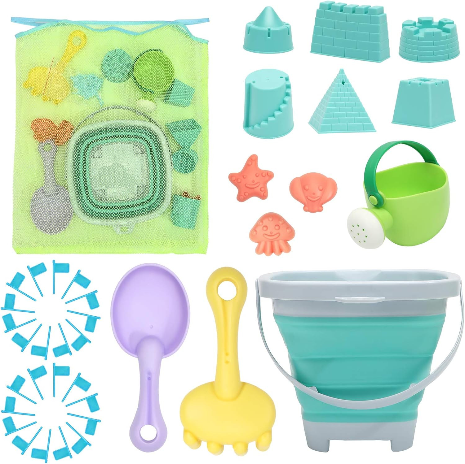 RACPNEL Beach Toys Sand Toys Set for Kids, Collapsible Sand Bucket and Shovels Set with Mesh Bag,... | Amazon (US)