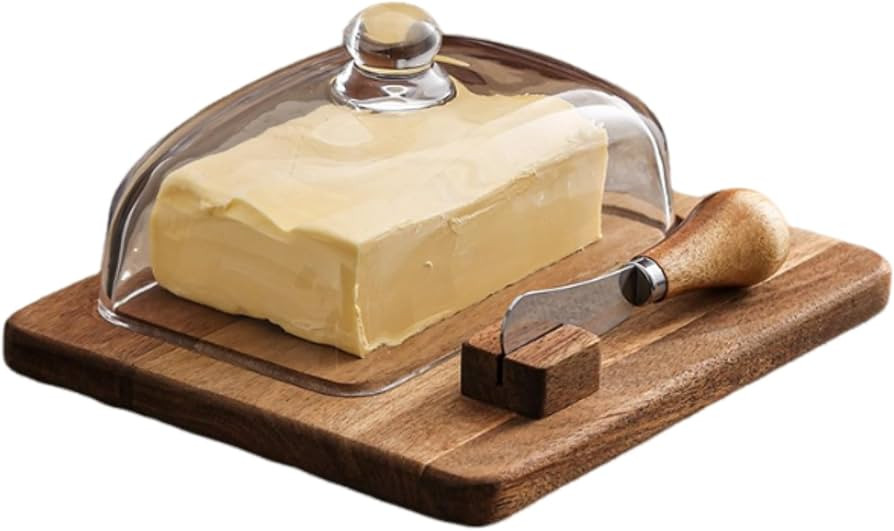 Acacia Wood Butter Dish with Knife and Glass Cover for Cheese, Butter, Cake, Dessert Serving Tray... | Amazon (US)