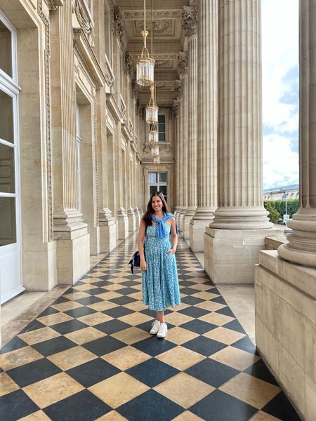 Blue dress, blue midi dress, paris, preppy, cashmere sweater, floral dress, cashmere, midi dress, preppy outfit, white tennis shoes, veja, white sneakers, white leather sneakers, France, travel outfit, fall transition outfit 

#LTKtravel #LTKeurope #LTKSeasonal