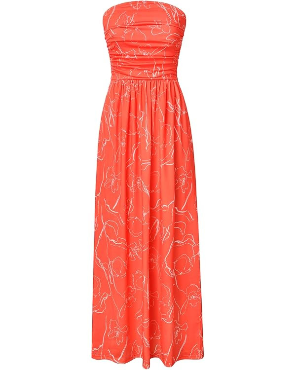 GRACE KARIN Women Strapless Dress Casual Loose Ruched Long Maxi Dress with Pockets Orange White a... | Amazon (US)