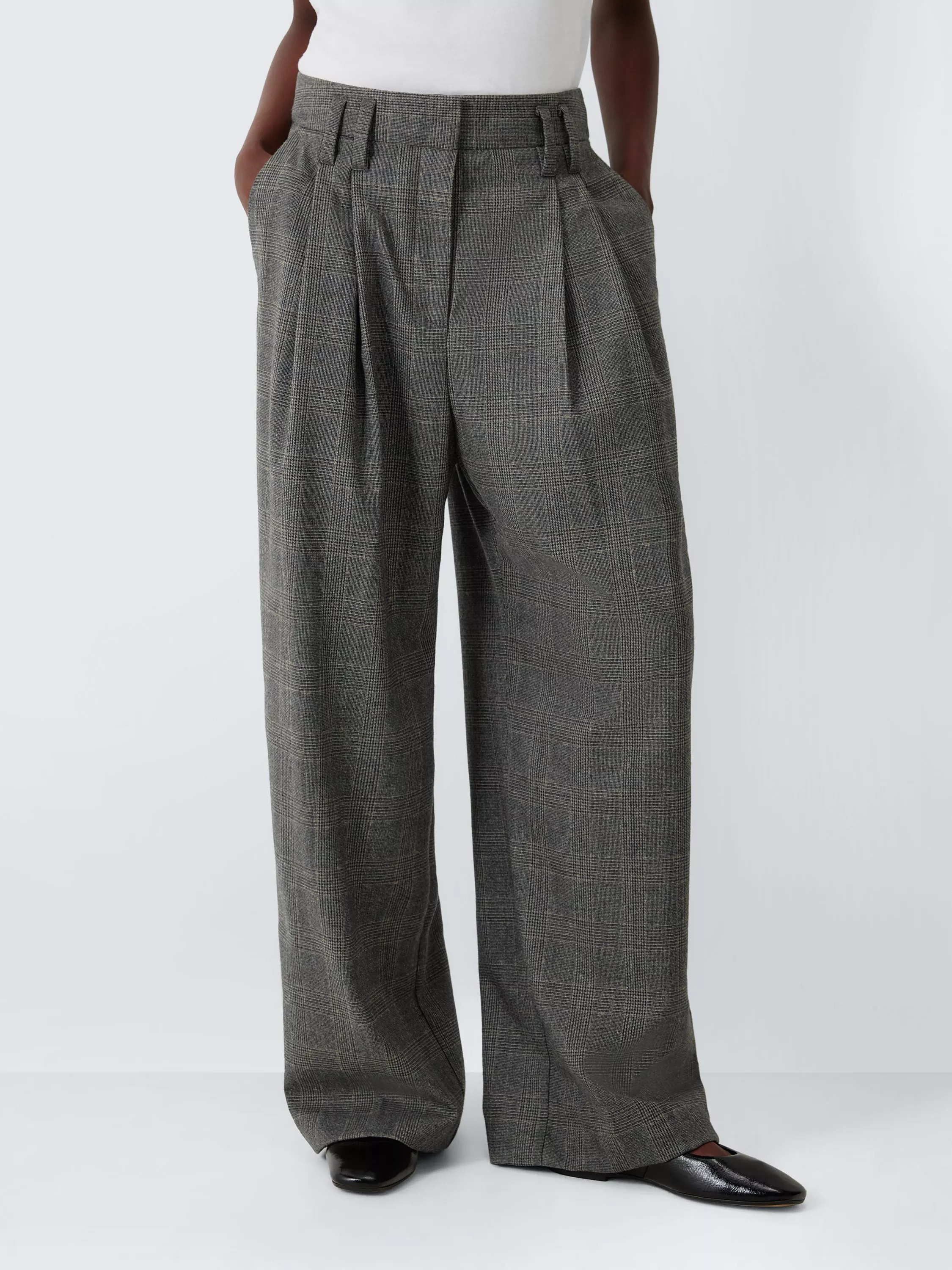 John Lewis Pleat Check Wool Blend Trousers, Check | John Lewis (UK)