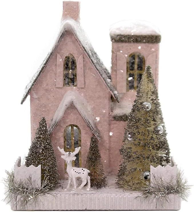 7" Petite Pink Christmas Mantel Village House with Deer and Tree | Amazon (US)