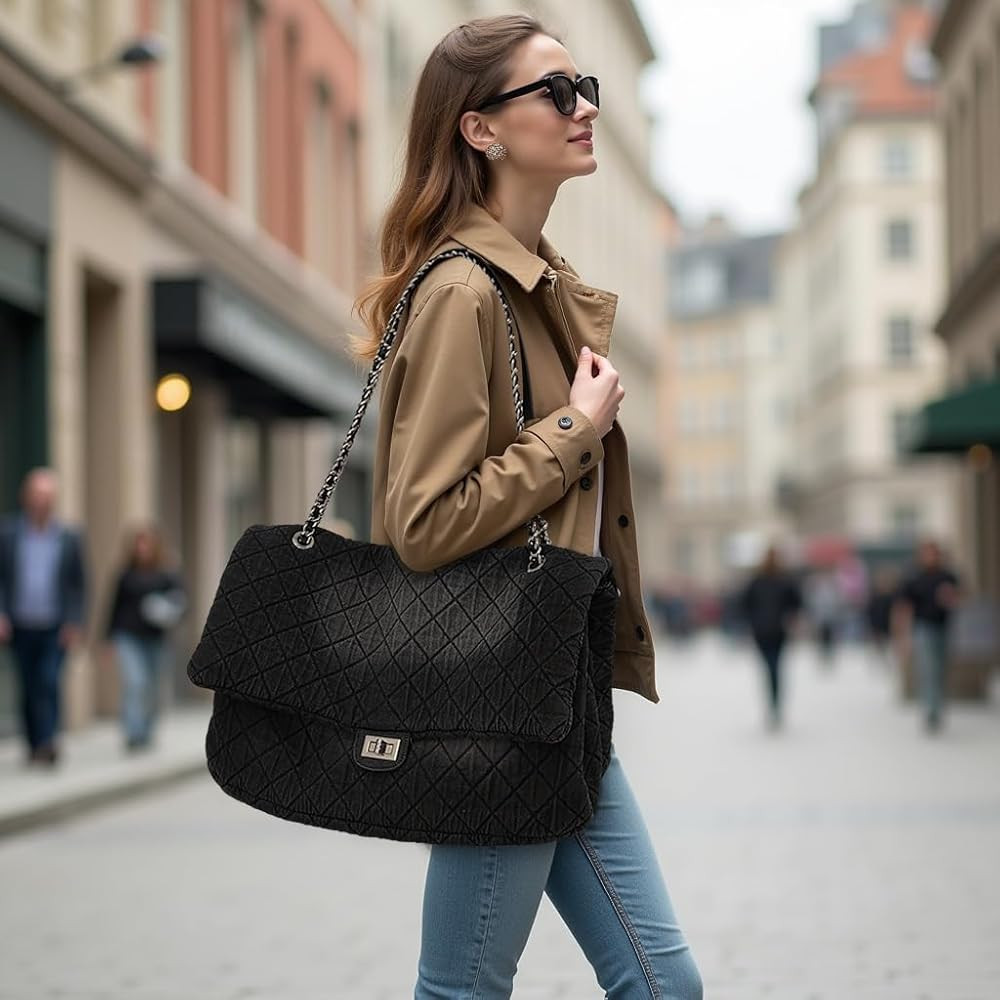 Large Quilted Denim Purse, Oversize Shoulder Bags for Women, Carry-all Crossbody Flap Hobo Tote B... | Amazon (US)