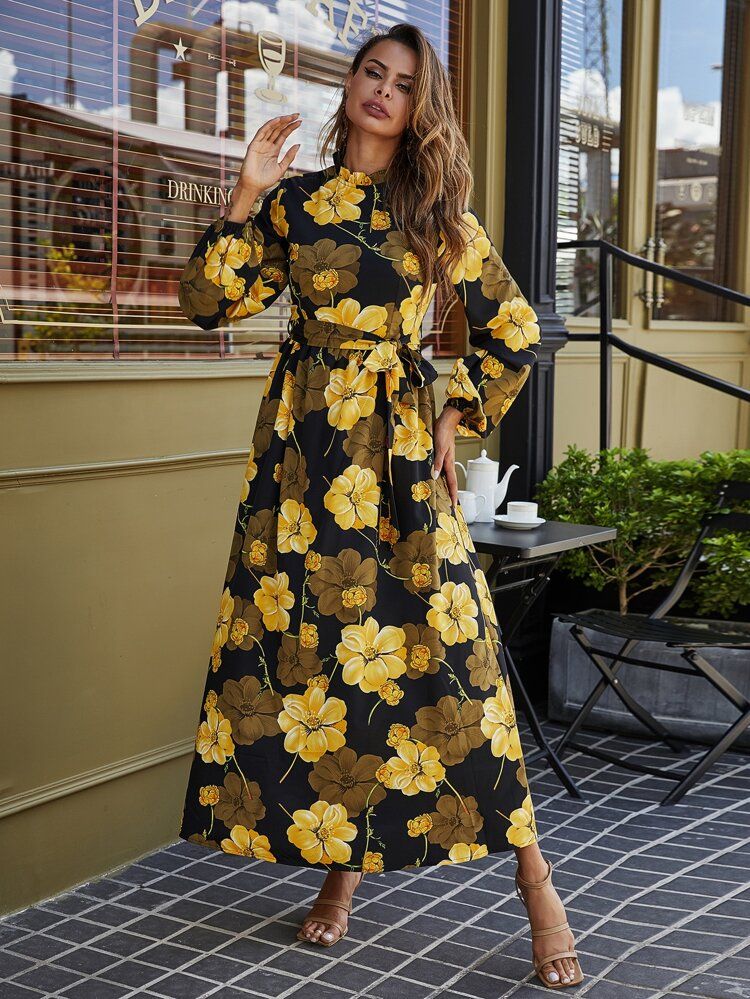 Floral Print Belted Maxi Dress | SHEIN