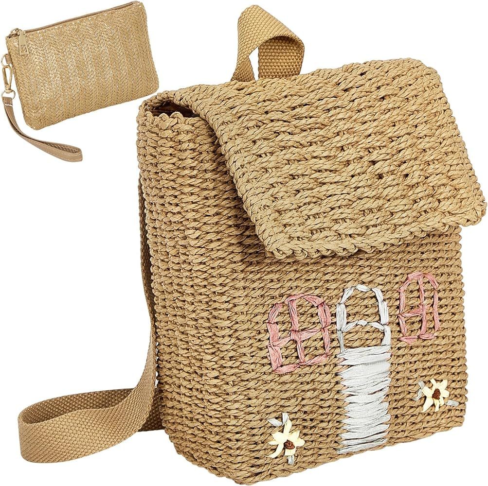 Silkfly 2 Pcs Kids Straw Small Backpack and Straw Clutch Bag Handbag Backpack Girls Straw Woven B... | Amazon (US)