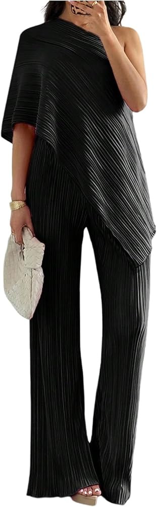 MakeMeChic Women's Elegant 2 Piece Striped Outfits One Shoulder Asymmetrical Top and Pants Clothi... | Amazon (US)