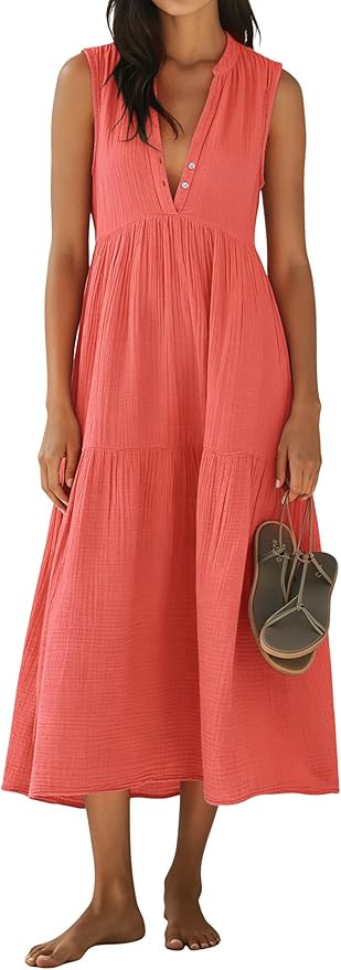 R.Vivimos 2026 Summer Cotton Maxi Dresses for Women Casual Sleeveless Button V Neck Tiered Loose ... | Amazon (US)