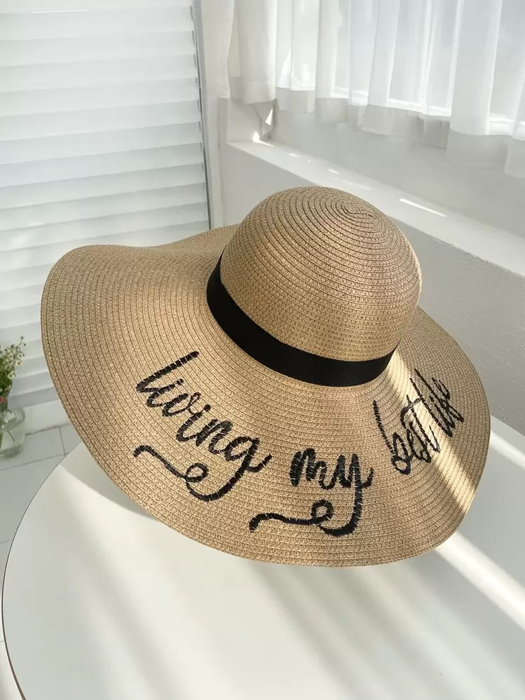 Alphabet Pattern Wide Brim Straw Hat Boho | SHEIN
