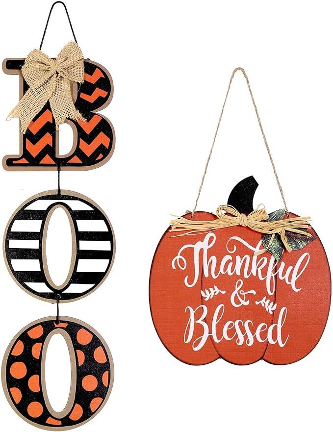 Halloween Boo Sign for Front Door Thanksgiving Wood Pumpkin Thankful and Blessed Sign Halloween W... | Amazon (US)
