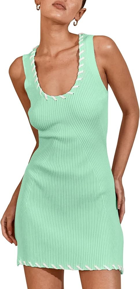 Womens Sleeveless Tank Dress Sexy Mini Bodycon Dress Ribbed Knit Fitted Dresses | Amazon (US)